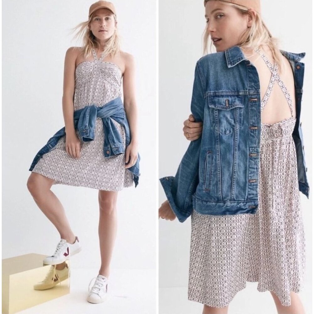 Madewell Silk Echo Grid Convertible Halter Dress‎ Sundress Babydoll in 0 XS